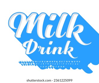 Vector fresh emblem Milk Drink. Cute Font with Blue shadow. Cursive set of 3D Alphabet Letters and Numbers