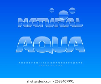 Vector Emblema fresco Natural Aqua. Estilo de cristal Font. Conjunto moderno de letras y números de alfabeto transparente