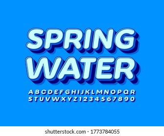 Vector Fresh Emblem Spring Water. Creative Blue Font. 3D Trendy Alphabet Letters And Numbers