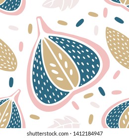 Vector Fresh figs. Seamless color stamp pattern with fruits figs and almonds tropical vegetarian food design element on white background. Great for fabric, textile, wrapping paper. 