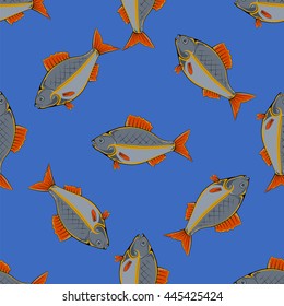 Vector Fresh Fish Isolated on Blue Background. Seamless Fish Pattern