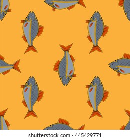 Vector Fresh Fish Isolated on Orange Background. Seamless Fish Pattern