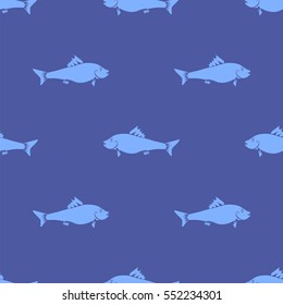 Vector Fresh Fish Isolated on Blue Background. Seamless Pattern