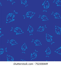 Vector Fresh Fish Isolated on Blue Background. Seamless Pattern