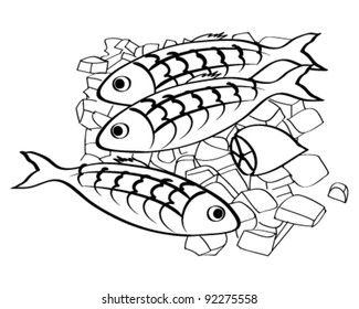 Vector fresh fish and lemon on the ice