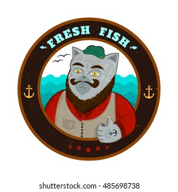 Vector fresh fish logo!Old cat  fisherman.Cartoon character.  