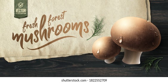 Vector fresh forest mushrooms on wooden table.