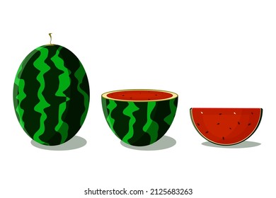 Vector fresh fruit illustration. Ripe watermelon berry whole, in half, one slice on a white background. For postcards, menus, banners
