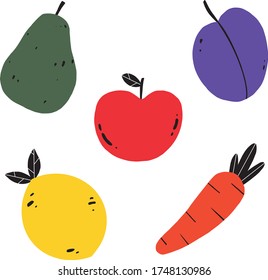 Vector of fresh fruit, vegetable. A set of cute collection isolated on white background - pear, lemon, apple, avocado and plum