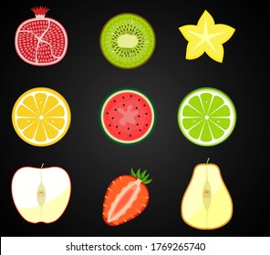 Vector fresh fruits, vegetables cut in half, cross section. Set of cute and colorful collection icons isolated on a black background - pear, watermelon, lime, lemon, pomegranate, kiwi, strawberry