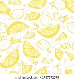 Vector fresh graphic summer lemon repeating pattern. Hand drawn textured citrus fruit pattern with texture and dot on white background. Modern yummy backdrop.