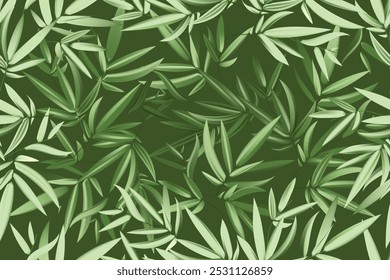 Vector de subgrupos de bambú verde fresco y hojas de ramas. Patrón de hoja realista natural. Fondo oscuro colorido. Fondo de pantalla o tela de moda de impresión repetitiva de moda. Vector de elemento de diseño Abstractas.