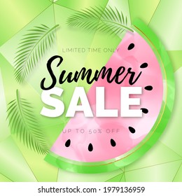 Vector Fresh Green Discount Banner. Black and White Text Summer Sale. Tropical Leaves. Art Watermelon. Exotic Poster.