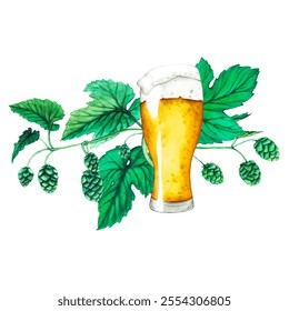 Vector. Fresh green hop. Glass of beer. Graphic hand drawn illustration for Octoberfest. Watercolor sketch for ornament or any design