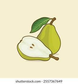 vector of fresh green pears with one of them cut