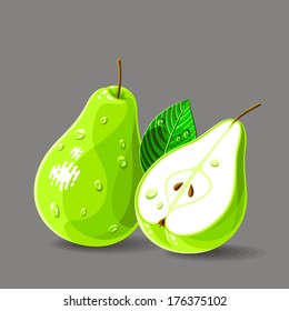 Vector fresh green pears with water drops. Vector illustration.