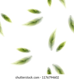 Vector Fresh Green Tea Leaves Seamless Pattern on White Background.