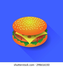 Vector Fresh Hamburger Isolated on Blue Background. Long Shadow