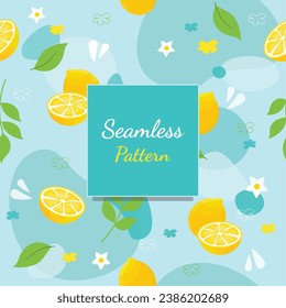 Vector of fresh lemon with flower and leaves seamless pattern on blue background