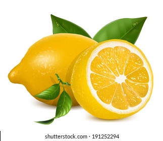 Vector. Fresh lemons with leaves.