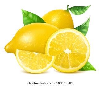 Vector. Fresh lemons with leaves.