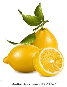 Vector. Fresh lemons with leaves.