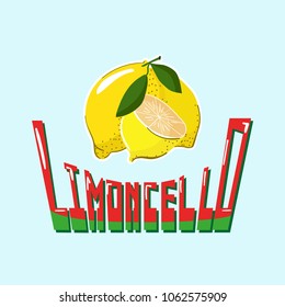 Vector. Fresh lemons with leaves and description lomoncello