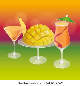Vector fresh mango and mango cocktails served colorful illustration