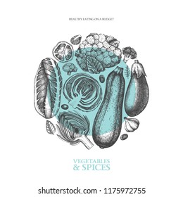 Vector fresh market round design. Vintage frame with hand drawn vegetables and spices sketches. Seasonal farm products illustration. Healthy food template.