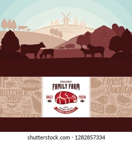 Vector fresh meat illustration with rural landscape and farm animals. Modern style butchery label and meat icons pattern. Butcher's shop or farming design elements.