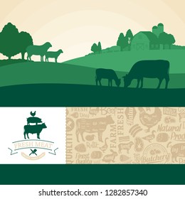 Vector fresh meat illustration with rural landscape and farm animals. Modern style butchery label and meat icons pattern. Butcher's shop or farming design elements.