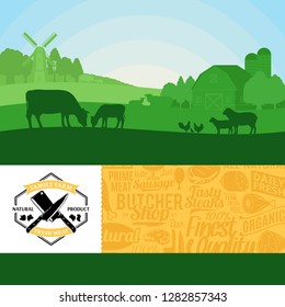 Vector fresh meat illustration with rural landscape and farm animals. Modern style butchery label and meat icons pattern. Butcher's shop or farming design elements.