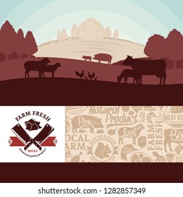 Vector fresh meat illustration with rural landscape and farm animals. Modern style butchery label and meat icons pattern. Butcher's shop or farming design elements.