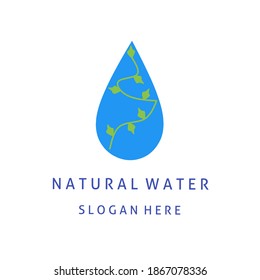 Vector of fresh mineral water drop and green leaf ecology logo concept. Flat design style