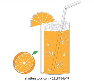 vector of fresh orange iced drink in a glass with a straw and citrus fruit on the side