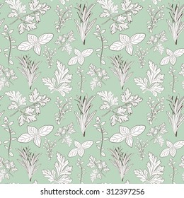 Vector fresh parsley, thyme, rosemary, and basil herbs. Aromatic leaves used to season meats, poultry, stews, soups, Bouquet granny. Seamless pattern