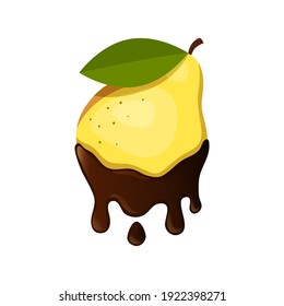 Vector fresh pear covered with chocolate. Illustration isolated on white background. Ripe fruit with leaf.