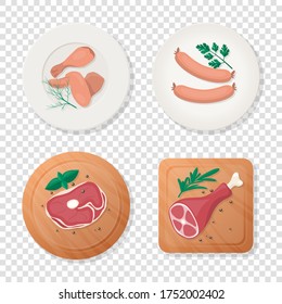 Vectores Frescos trozos de carne cruda, Ala de pollo, Bidón, Salchicha, Filete de lomo de ternera, Jamón, Verdes en placa, Juego de iconos de tabla de corte aislado, Estilo de caricatura. Concepto de barbacoa de alimentos, plantilla de diseño. Vista superior