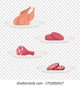 Vector Fresh Pieces of Raw Meat, Chicken, Sausage, Ham, Steak on Plate Icon Set Isolated in Cartoon Style. Food, BBQ Concept, Design Template for Menu, Meal Shop. Front View