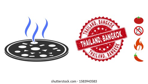 Vector fresh pizza icon and rubber round stamp seal with Thailand, Bangkok caption. Flat fresh pizza icon is isolated on a white background. Thailand,