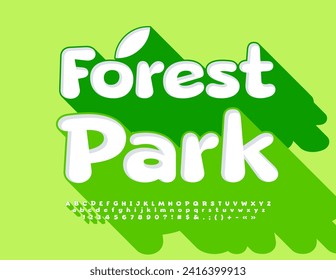 Vector fresh poster Forest Park with decorative Leaf. Funny Font with Green Shadow. Set of comic Alphabet Letters, Numbers and Symbols set