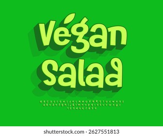 Vector Fresh poster Vegan Salad. Playful Isometric Font, Green Digital Alphabet Letters and Numbers
