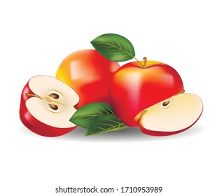 Vector de manzanas rojas frescas sobre blanco. Ilustración vectorial.