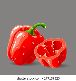 Vector fresh red bell peppers with water drops. Vector illustration.