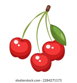 Cerezas rojas vectoriales frescas con hoja aislada en un fondo blanco. Cuta ilustración de caricatura de comida orgánica. Colección Berry