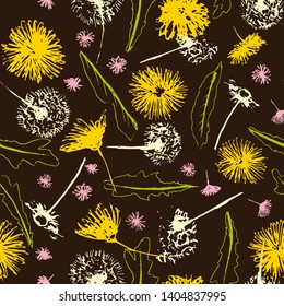 Vector fresh retro floral dandelions blowballs and daisies on dark seamless pattern background. Easter and spring design in a creative retro grunge style.