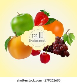 Vector of fresh ripe apricot, cherry , apple, grape , strawberry , orange. EPS 10 done gradient mesh on white background
