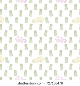 Vector Fresh Ripe Pineapple and Funny Chameleon Seamless Pattern on White.Tropical Fruit and Animal Background. Vector pattern with chameleons reptiles. Background with chameleons and green pineapple.