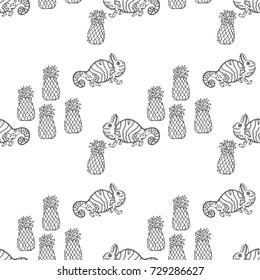 Vector Fresh Ripe Pineapple and Funny Chameleon Seamless Pattern on White. Tropical Fruit and Animal Background. Vector pattern with chameleons reptiles. Background with chameleons and pineapple.