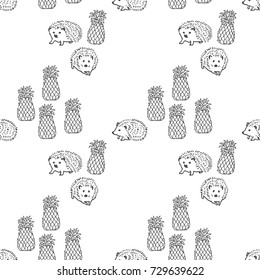 Vector Fresh Ripe Pineapple and Funny Hedgedog Seamless Pattern on White.Tropical Fruit and Animal Background. Vector pattern with chameleons reptiles. Background with hedgedogs and green pineapple.